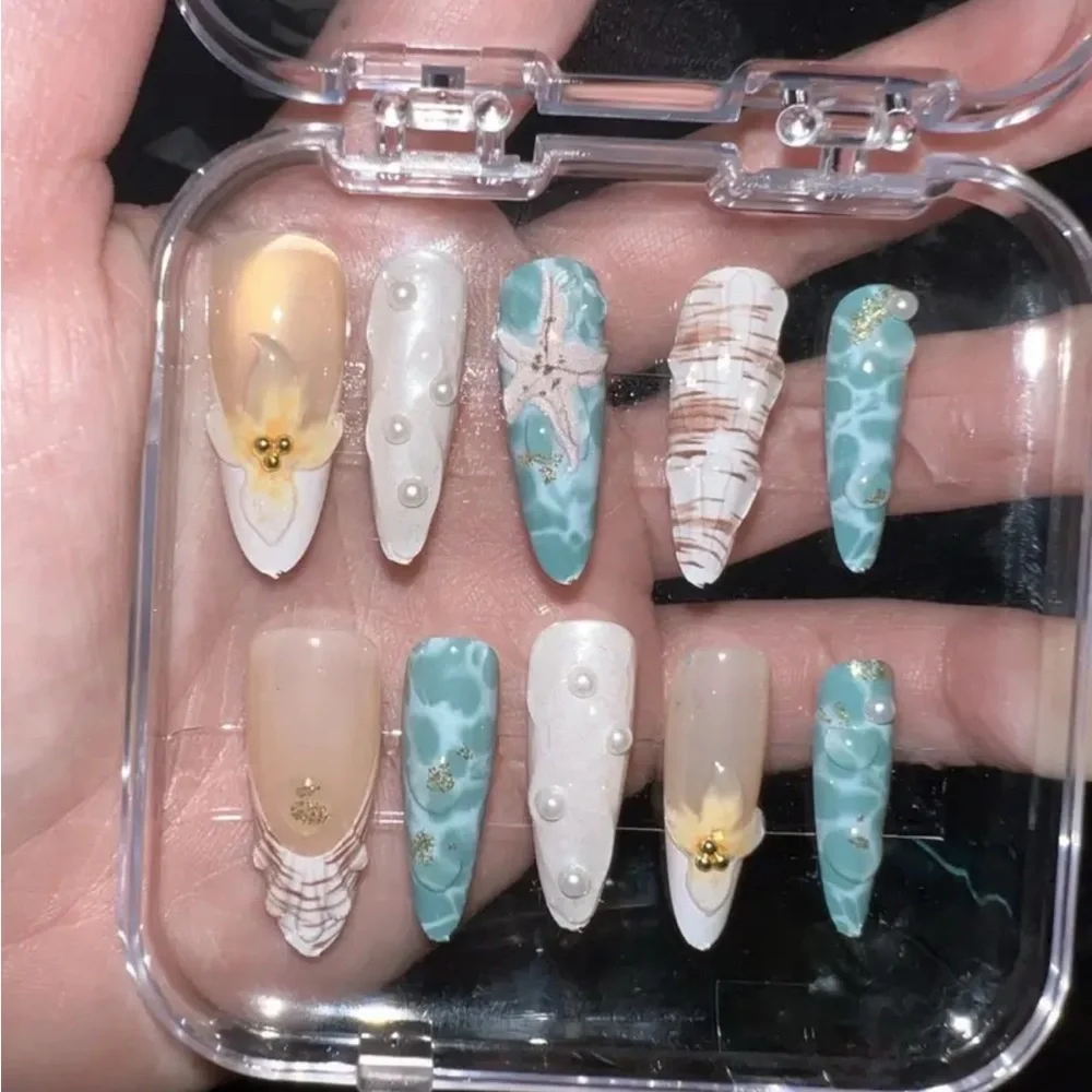 Elegant Ocean Press On Nail Art Set Blue & Cream 10 pc Long Length Reusable NWT